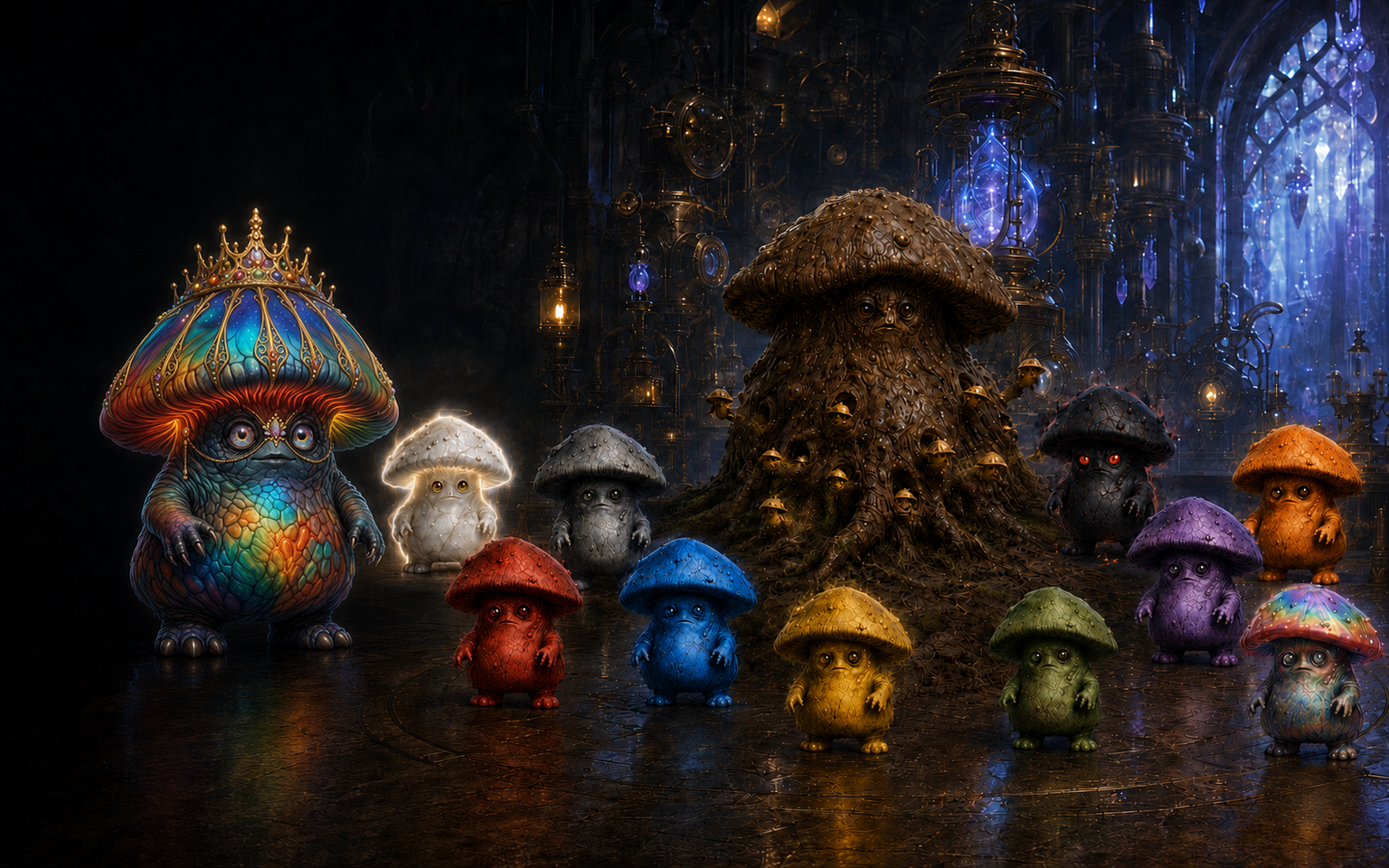 The crowned Queen Obmil, the ten specialist Obmils, and their lightly mossed central brown guide